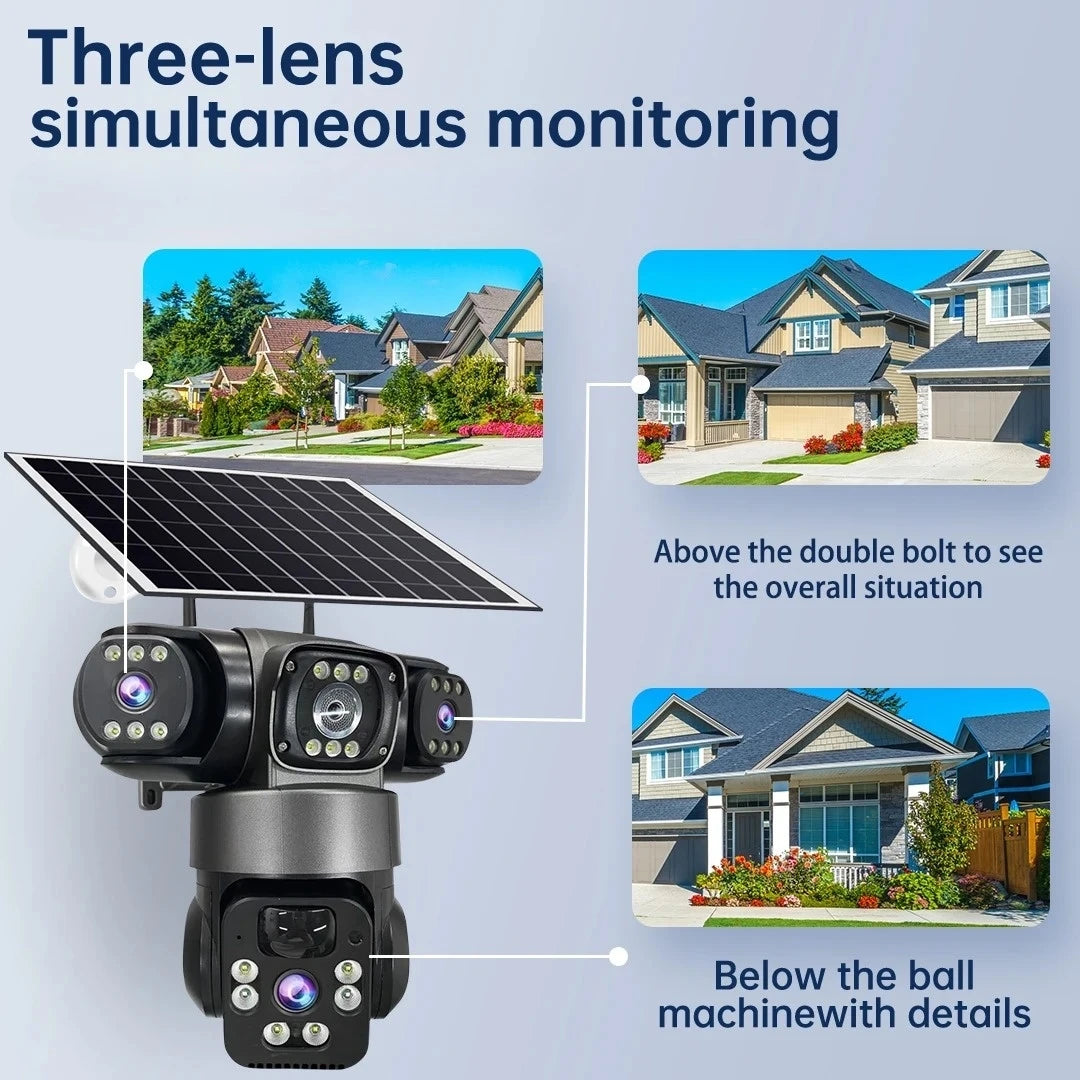 15MP IP Camera WiFi PTZ Three Camera Outdoor Wireless Solar 20000Mah Built-in Battery Video Surveillance Cam Long Time Standby